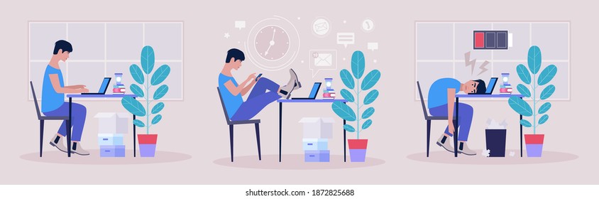 Workflow concept. Procrastination concept. Professional burnout concept. Vector illustration in a flat style