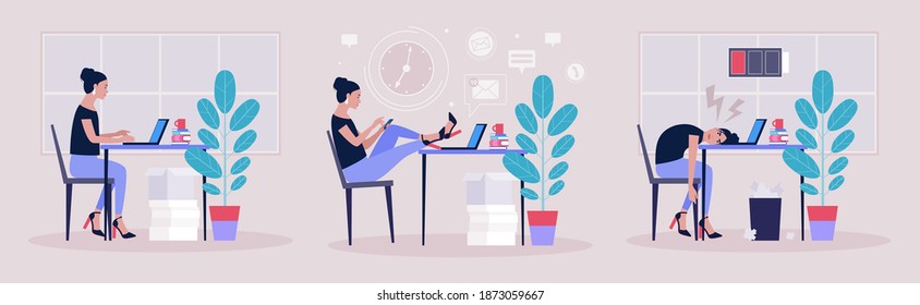 Workflow concept. Procrastination concept. Professional burnout concept. Vector illustration in a flat style