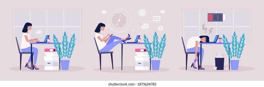 Workflow concept. Procrastination concept. Professional burnout concept. Vector illustration in a flat style