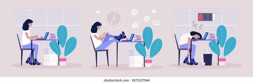 Workflow concept. Procrastination concept. Professional burnout concept. Vector illustration in a flat style