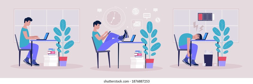Workflow concept. Procrastination concept. Professional burnout concept. Vector illustration in a flat style