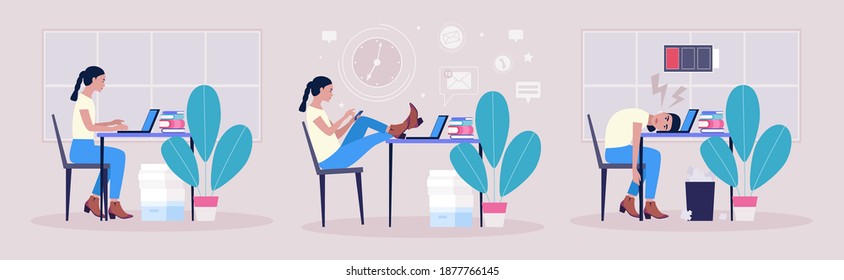 Workflow concept. Procrastination concept. Professional burnout concept. Vector illustration in a flat style