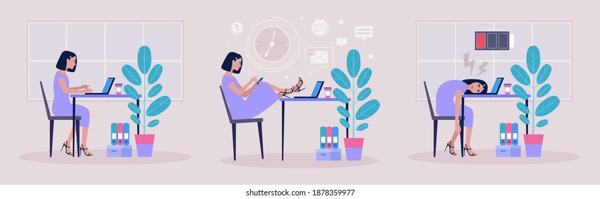 Workflow concept. Procrastination concept. Professional burnout concept. Vector illustration in a flat style