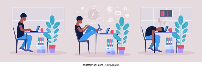 Workflow concept. Procrastination concept. Professional burnout concept. Vector illustration in a flat style