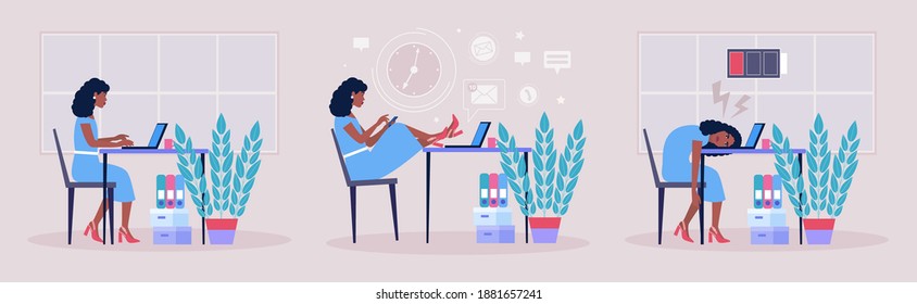 Workflow concept. Procrastination concept. Professional burnout concept. Vector illustration in a flat style