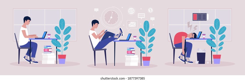 Workflow concept. Procrastination concept. Professional Male, burnout concept. Vector illustration in a flat style