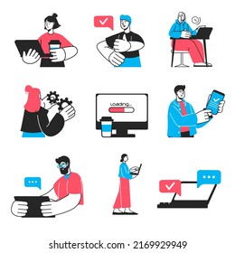 Workflow concept set in flat design. Man and woman work at laptop, perform tasks, optimize processes, communicate online, planning, developing. Vector illustration with pack of people scenes for web