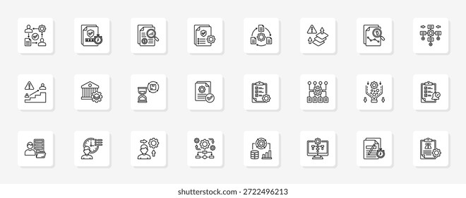 Control de flujo de trabajo y cumplimiento Conjunto coherente de iconos vectoriales minimalistas que representan ideas clave con claridad visual