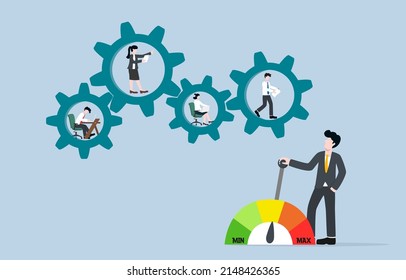 Workflow Control, Entrepreneurship For Productivity Growth, Team Management, Efficient Use Of Staff Concept. Businessman Boss Controlling Lever To Suit Employees Work Capacity For Best Outcome.