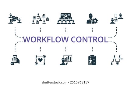 Workflow Control thin line icon set. Monochrome simple Workflow Control icon collection. Focus Group, Organization, Conference, Specialist, Interaction, Usability, Community, Presentation, Hr Planning