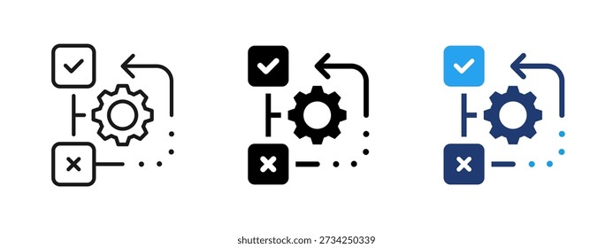 Workflow and decision process icon with approval and rejection paths. Symbol of automation, process management and system logic. Business workflow, task automation and process optimization.