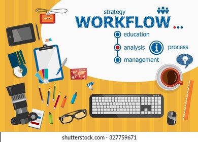 Workflow design and flat design illustration concepts for business analysis, planning, consulting, team work, project management. Workflow concepts for web banner and printed materials.