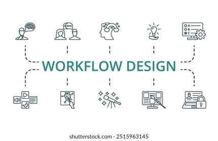 Conjunto de iconos de línea fina de diseño de flujo de trabajo. Colección de iconos de diseño de flujo de trabajo simple monocromo. Pensamiento, Diálogo, Imaginación, Big Idea, Pruebas, Lluvia de ideas, Lugar de trabajo, Gestión de proyectos, Ordenador