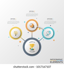 Workflow diagram with central circle connected to 3 round elements with thin line pictograms inside, text boxes. Concept of three options to choose. Infographic design template. Vector illustration.