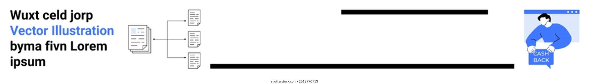 Workflow diagram connecting three document icons to a user holding a clipboard, labeled Lorem Ipsum. Ideal for process representation, business, education, infographics, tech presentations, user