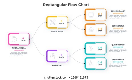 Workflow diagram or flowchart with connected paper white rectangular elements. Concept of tree chart for business information organization. Minimal infographic design template. Vector illustration.