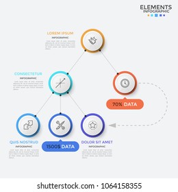 Workflow diagram or flowchart. Round elements with linear icons inside connected by lines into scheme and text boxes. Infographic design template. Vector illustration for presentation, report.