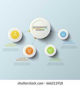 Workflow diagram, main circle connected with 4 round elements by dotted lines. Four steps to success concept. Creative infographic design template. Vector illustration for brochure, presentation.