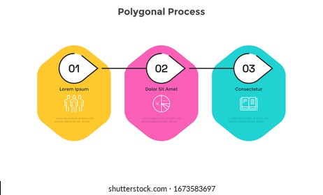 Workflow diagram with three connected hexagonal elements. Concept of 3 stages of marketing strategy. Minimal infographic design template. Flat vector illustration for business information analysis.