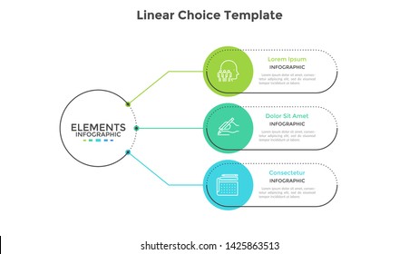 Workflow diagram with three rounded elements connected to main circle. Concept of 3 steps or stages of business strategy. Simple infographic design template. Flat vector illustration for presentation.