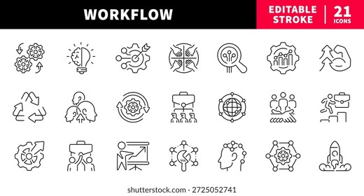 Conjunto de ícones de linha editável do workflow. símbolos de processo e gerenciamento