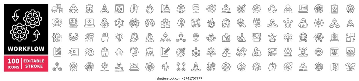 Workflow editable line icons set: process and management symbols