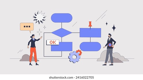 Workflow with effective planning and organization retro tiny person concept. Work tasks strategy graphic with possible steps and solutions vector illustration. Work management for productivity.