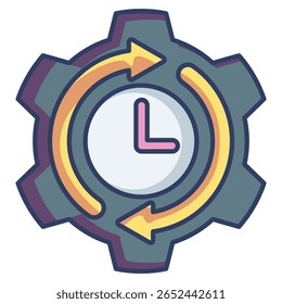 Ícone de eficiência de fluxo de trabalho representado por engrenagem, relógio, estilo de cor linear inferior.