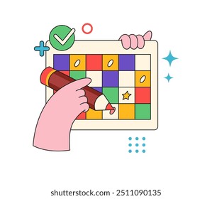 Workflow efficiency and productivity tools, writing and filling in calendars with events, agenda and meetings. Vector flat organization and planning at work, project managing