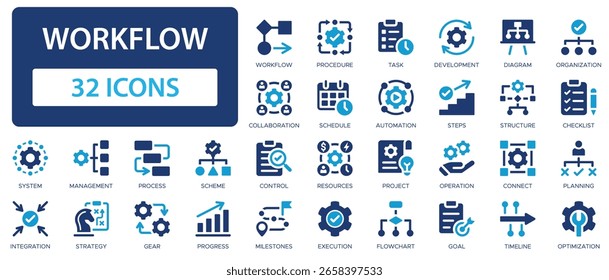 Workflow-Sammlung mit flachen Symbolen. Management, Aufgabe, Fortschritt, System, Verfahren, Strategie, Prozesszeichensatz.