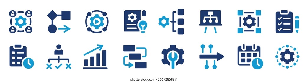 Coleção de ícones simples de fluxo de trabalho. Gerenciamento, tarefa, progresso, sistema, procedimento, estratégia, conjunto de sinais de processo.
