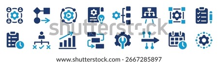 Workflow flat icons collection. Management, task, progress, system, procedure, strategy, process sign set.
