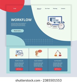 Workflow flat landing page website template. Work hours, buzz market, outsource. Web banner with header, content and footer. Vector illustration.
