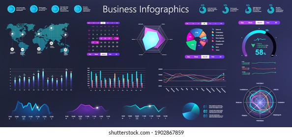 Workflow graphics, charts and diagrams. Dark gradient infographic for business information marketing presentation. Neon business infochart elements. Workflow for Mobile App UI, UX, KIT. Vector set
