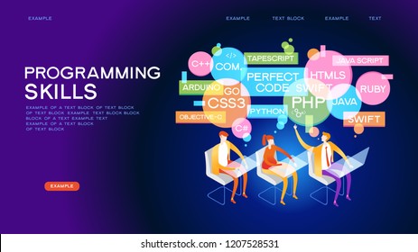 Workflow group of programmers. Programmers in the coding process. Programming concept.  3D vector isometric illustration.
