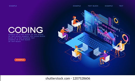 Workflow group of programmers. Programmers in the coding process. Programming concept.  3D vector isometric illustration.