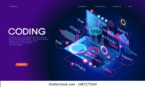 Workflow group of programmers. Programmers in the coding process. Programming concept.  3D vector isometric illustration.