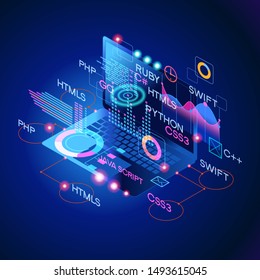 Workflow group of programmers. Programmers in the coding process. Programming concept.  3D vector isometric illustration.