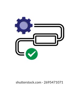 workflow icon. automated management. gear with rectangle on track and check mark. flow, process, technology. Mixed design style