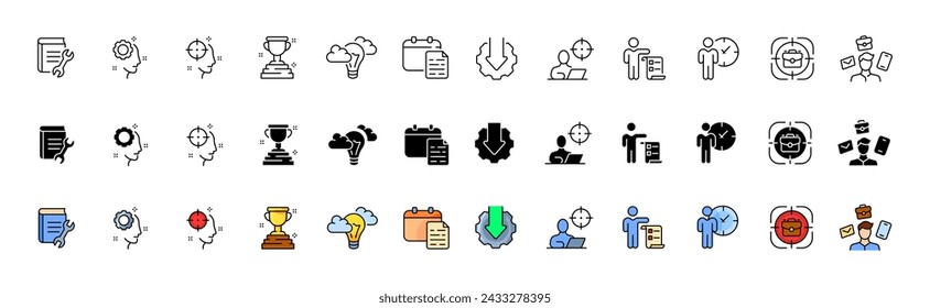 Workflow icon collection. Workflow icons. Linear, silhouette and flat style. Vector icons