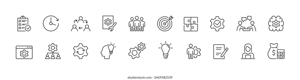 Conjunto de iconos de flujo de trabajo. Iconos de auditoría, procesamiento y línea de operación. Vector.