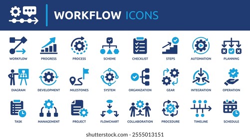 Workflow icon set. Containing process, planning, progress, scheme, management, diagram, flowchart and more. Solid vector icons collection.