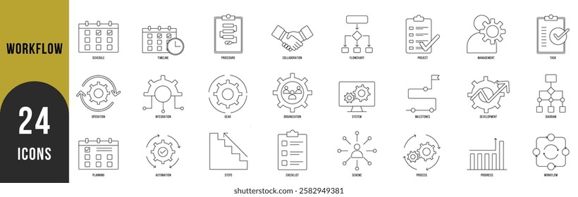 Workflow icon set. Containing process, planning, progress, scheme, management, diagram and more. Vector icons collection.