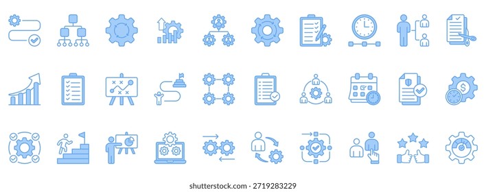 Workflow-Symbolsatz. Enthält Symbole, die für das Unternehmen relevant sind. Konzipiert in Vektor linear blau Stil