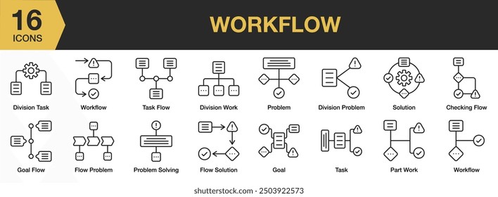 Conjunto de iconos de flujo de trabajo. Incluye la comprobación de flujo, solución de flujo, flujo de tareas, resolución de problemas, flujo de trabajo y más. Colección de Vector de iconos de contorno.