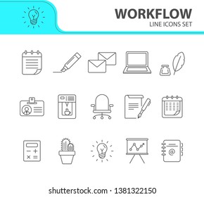 Workflow icon set. Line icons collection on white background. Office, workspace, brainstorming. Conference concept. Can be used for topics like stationery, business essentials, planning