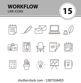 Workflow icon set. Line icons collection on white background. Office, workspace, brainstorming. Conference concept. Can be used for topics like stationery, business essentials, planning