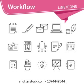 Workflow icon set. Line icons collection on white background. Office, workspace, brainstorming. Conference concept. Can be used for topics like stationery, business essentials, planning