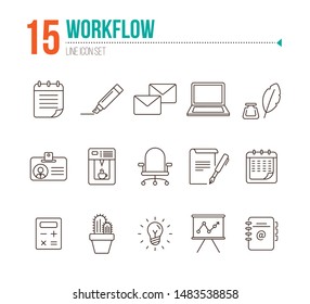 Workflow icon set. Line icons collection on white background. Office, workspace, brainstorming. Conference concept. Can be used for topics like stationery, business essentials, planning
