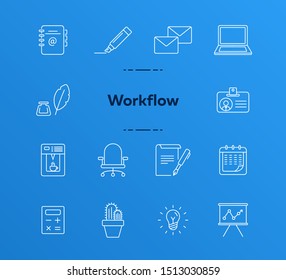 Workflow icon set. Line icons collection on white background. Office, workspace, brainstorming. Conference concept. Can be used for topics like stationery, business essentials, planning